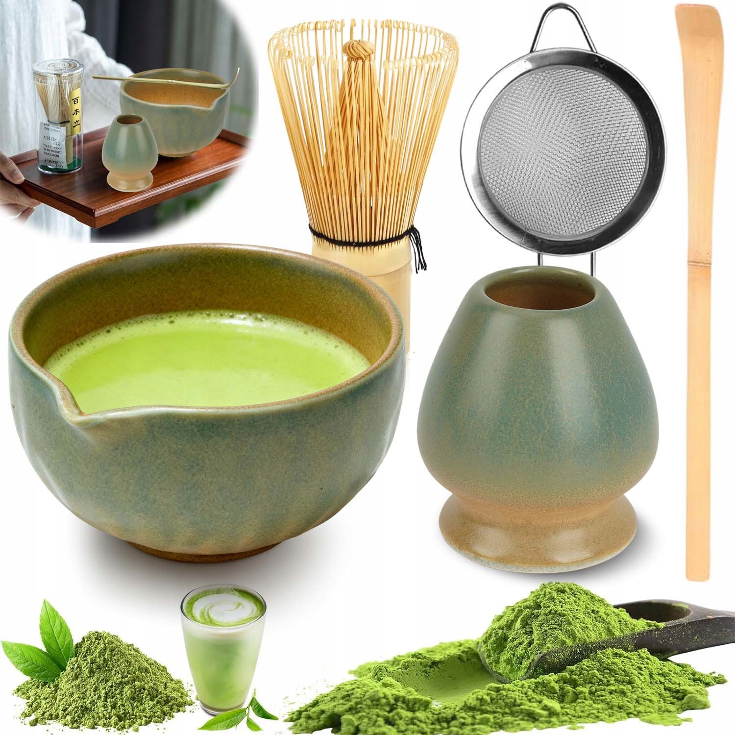 Levně Keramický Set Na Matchu 5V1 Šálek Metla Čajová Lžička Matcha