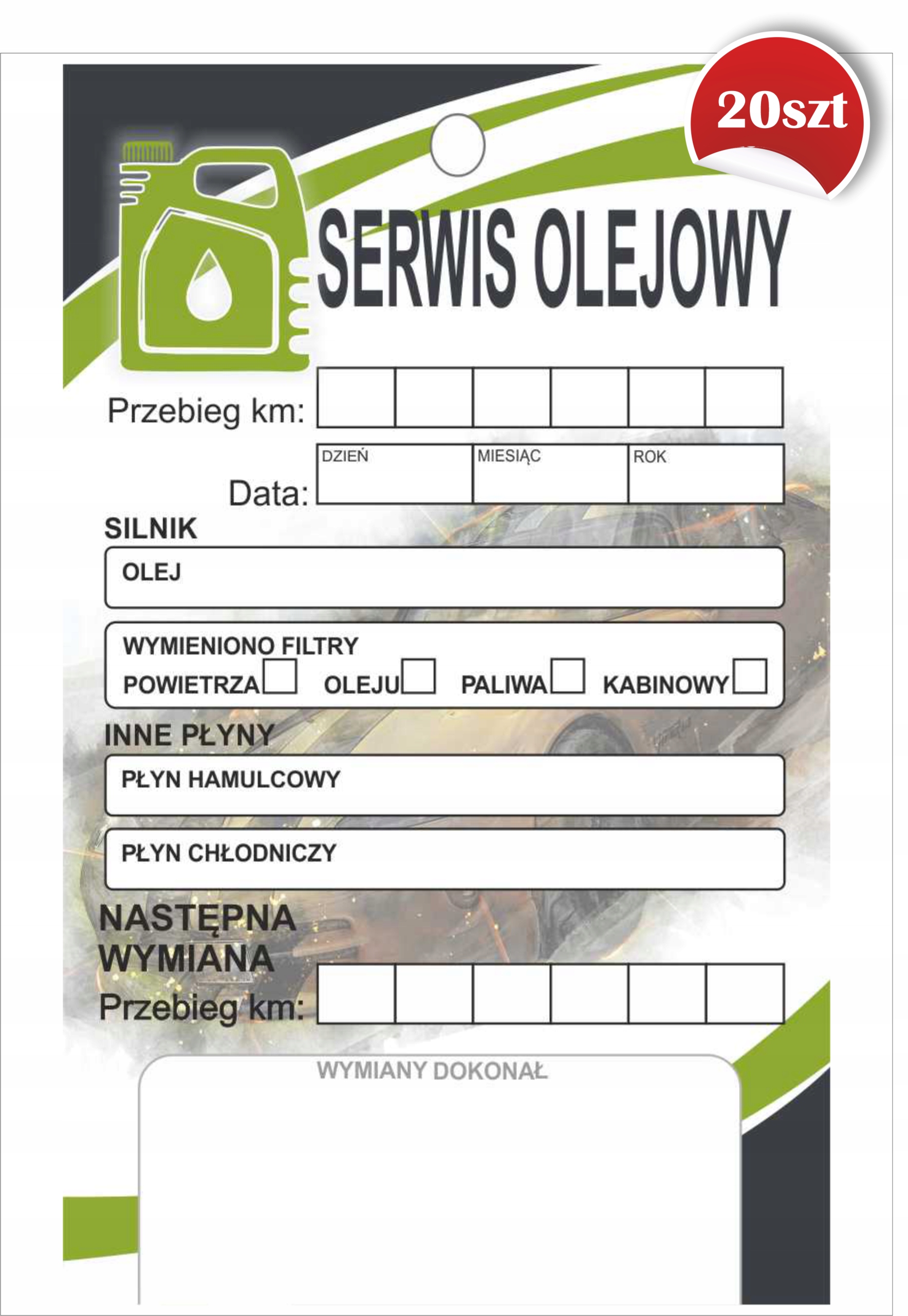 Zawieszki serwisowe, 20 szt. wymiana oleju