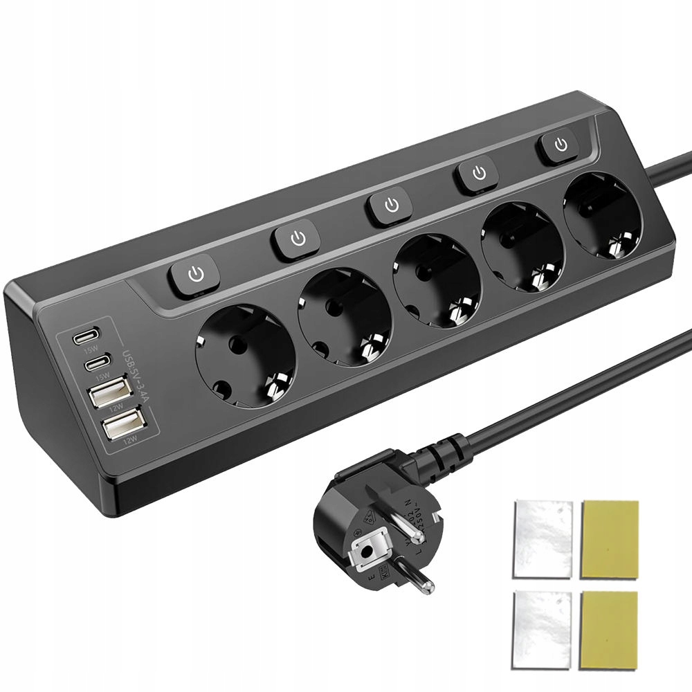 Prodlužovací Kabel zásuvková lišta 2 m 5 Zásuvek Uzemnění 4x Usb on/of