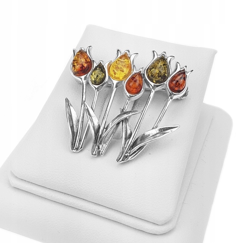 Stříbrná Brož Tulipány s přírodním originálním baltský jantar stříbro925