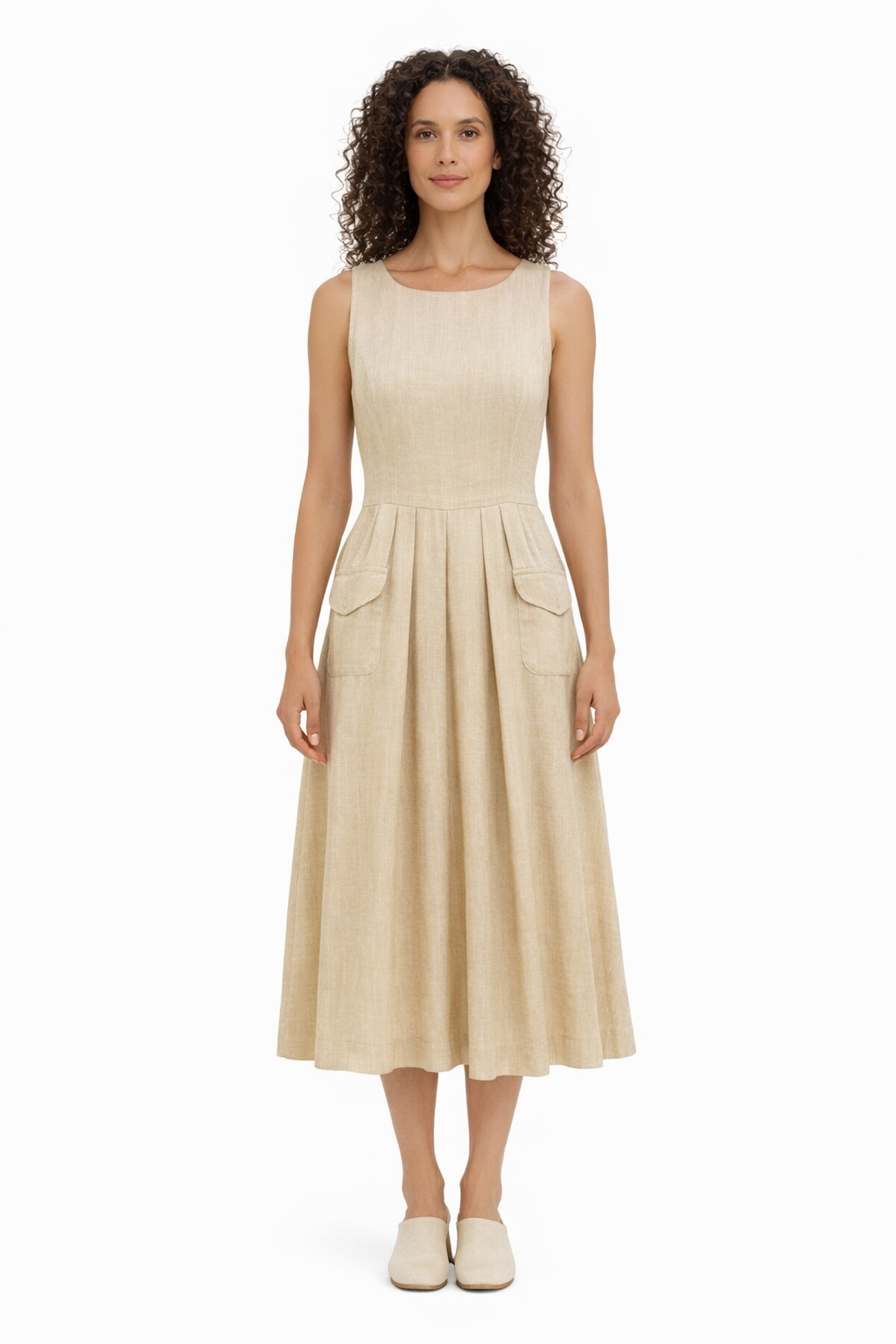 Šaty Béžová S Pruhy Na Zip MIDI M 1I4A