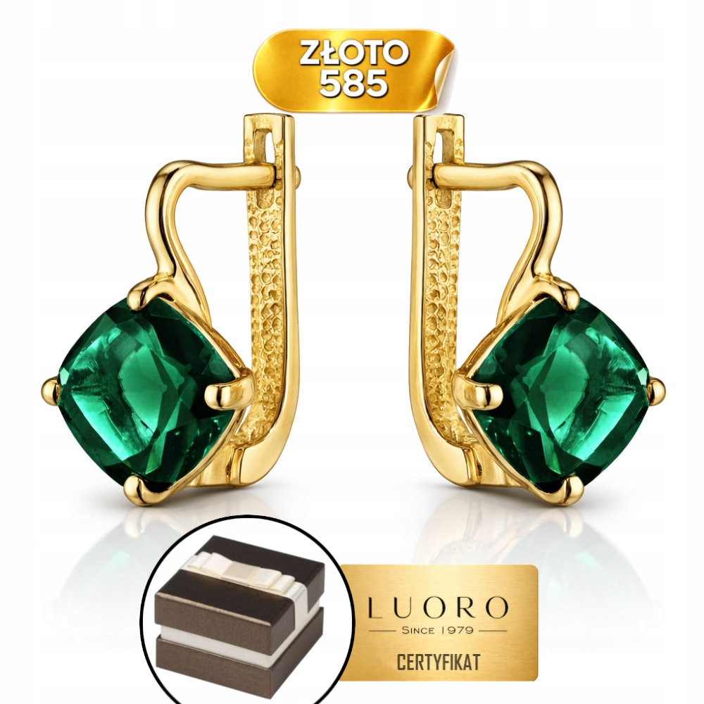 Náušnice Zlaté 585 14K Zelený Křemen 1,4 CM Krabička Dárek Certifikát