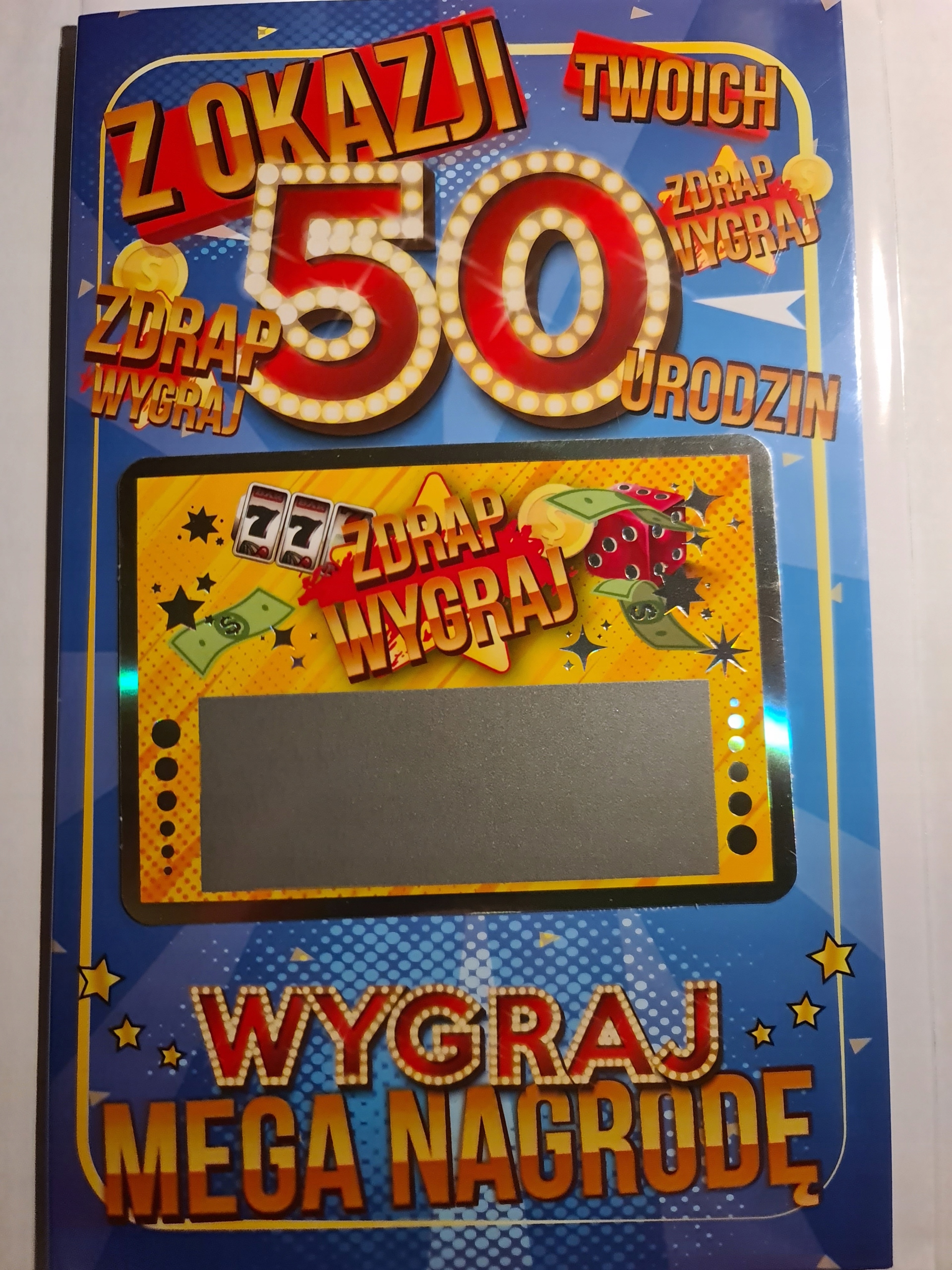 

kartka urodzinowa na 50 lat z dołączoną zdrapką