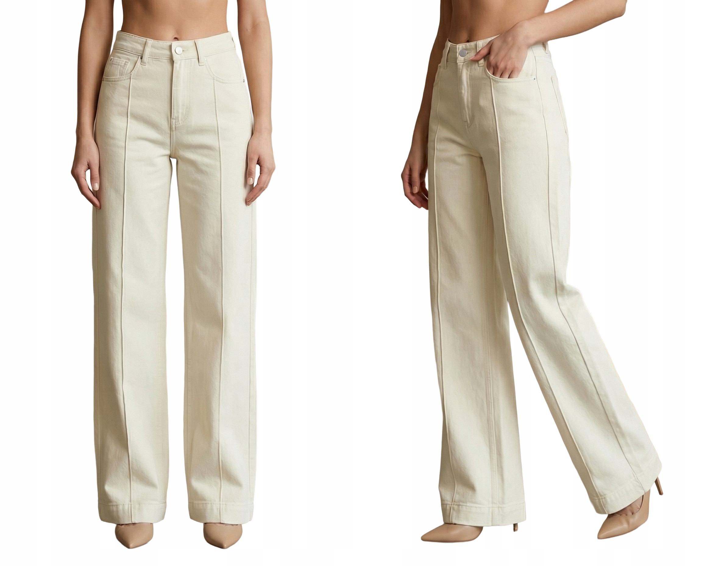 Spodnie Jeansy Damskie Szerokie Dzwony Wide Leg Elastyczne Beżowe 38