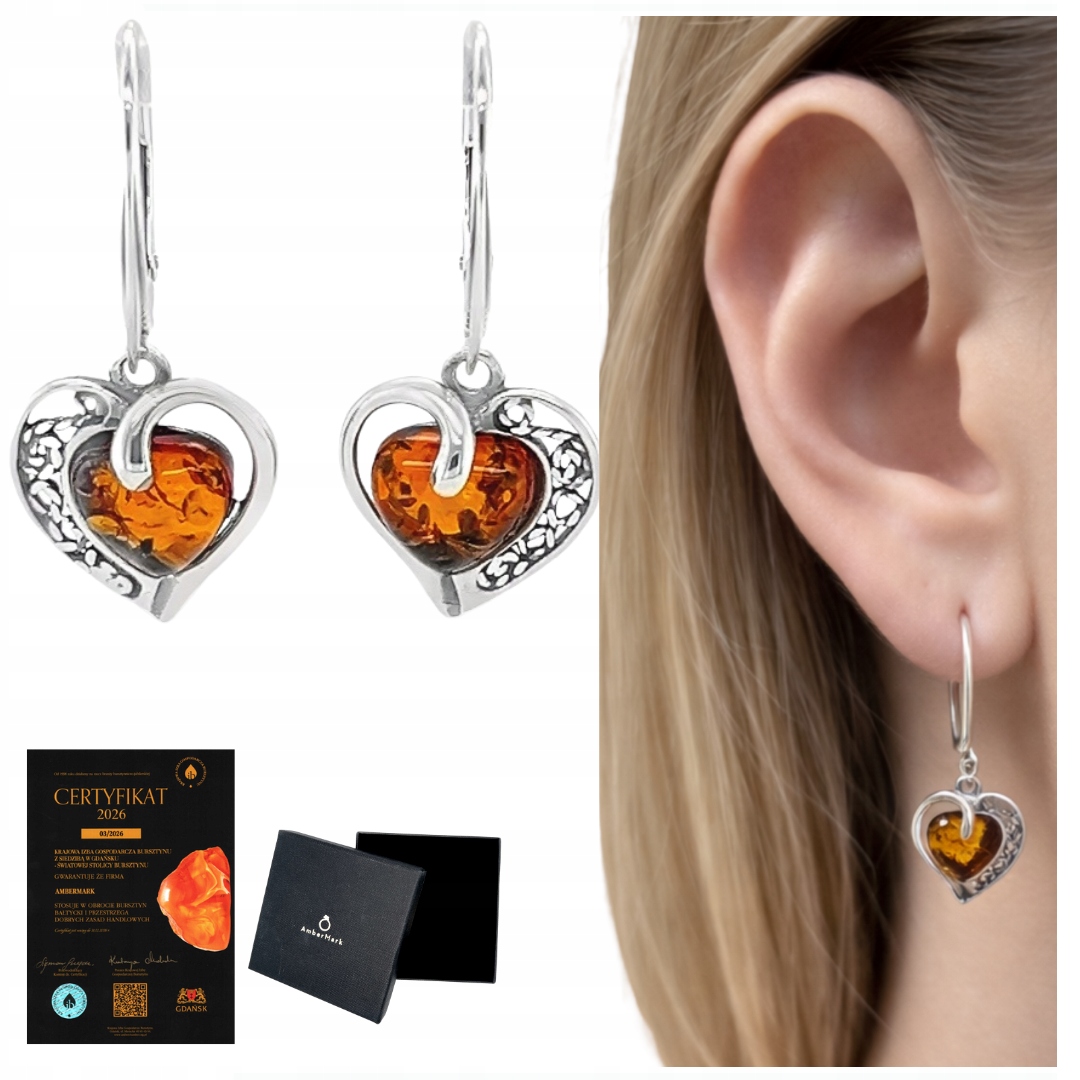 Náušnice s jantarem, závěsné srdce, anglické zapínání stříbro 925