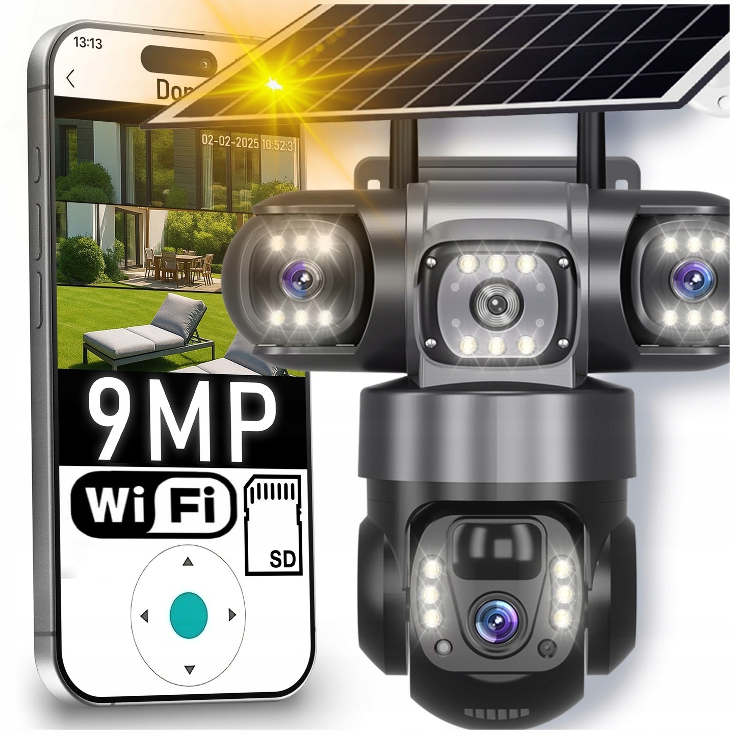 Venkovní Solární Kamera 4K 3 Obrazovky 9MPx Wifi Bezdrátová