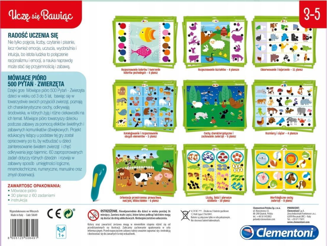 Clementoni Mówiące Pióro 500 Pytań Gra Zwierzęta 30 Plansz Zadania Płeć chłopcy dziewczynki