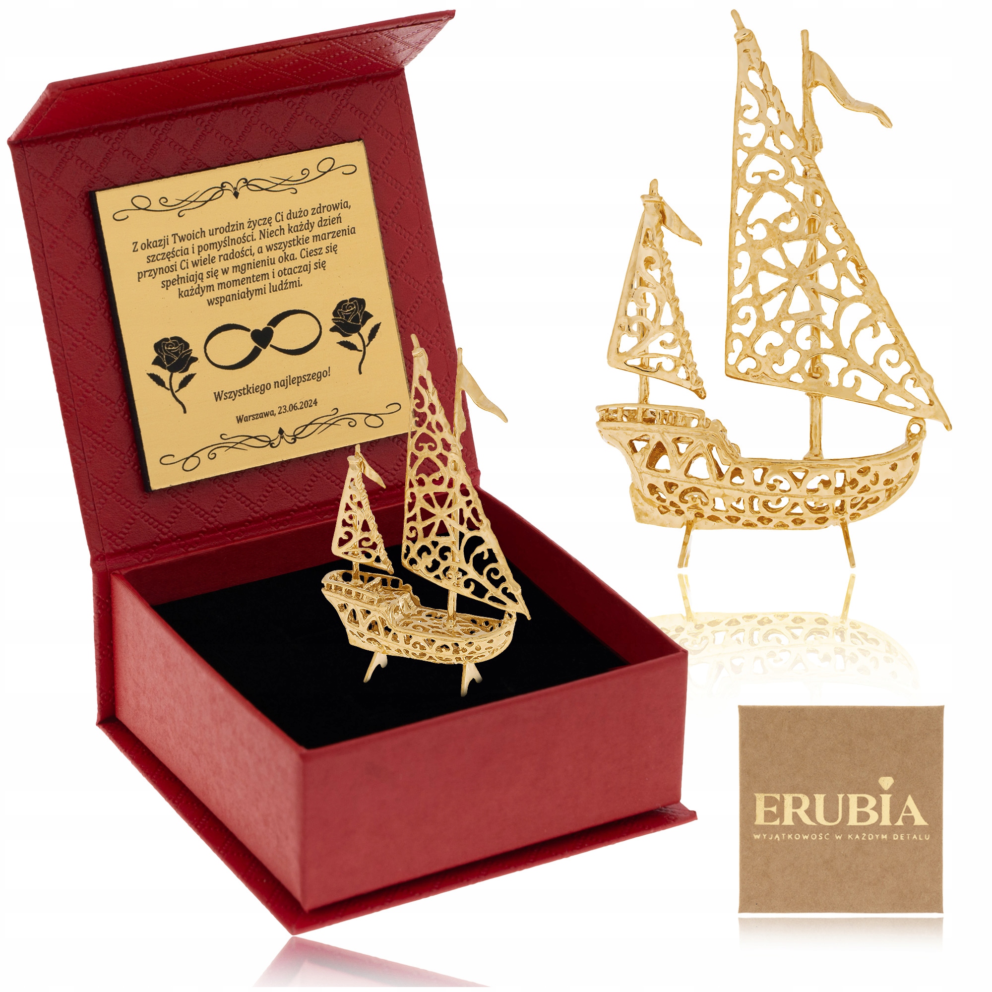 Plachta Námorná Loď Figúrka Zo Striebra 925 Pokrytá Zlatom Krabička S Gravírovaním