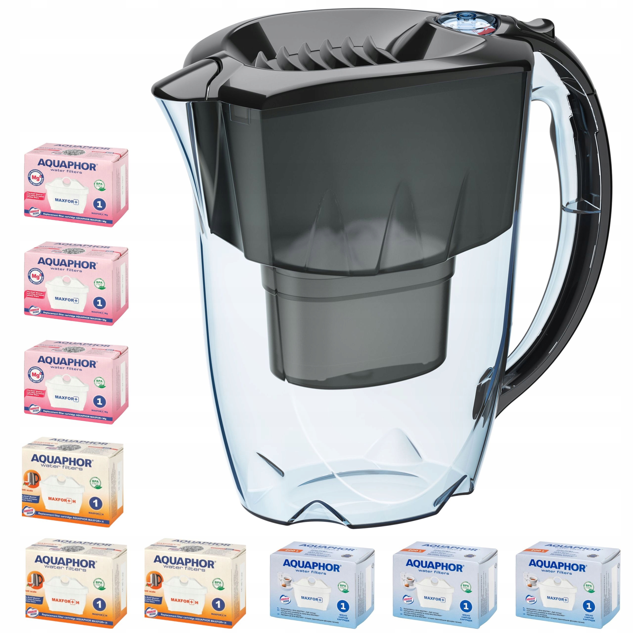 Dzbanek filtrujący Aquaphor Amethyst, czarny zestaw 9 wkładów (3+3H+3Mg)