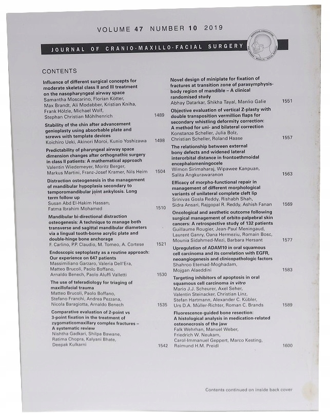 JOURNAL OF CRANIO MAXILLO FACIAL SURGERY NR 10/2019 VOLUME 47 Wydawnictwo Elsevier