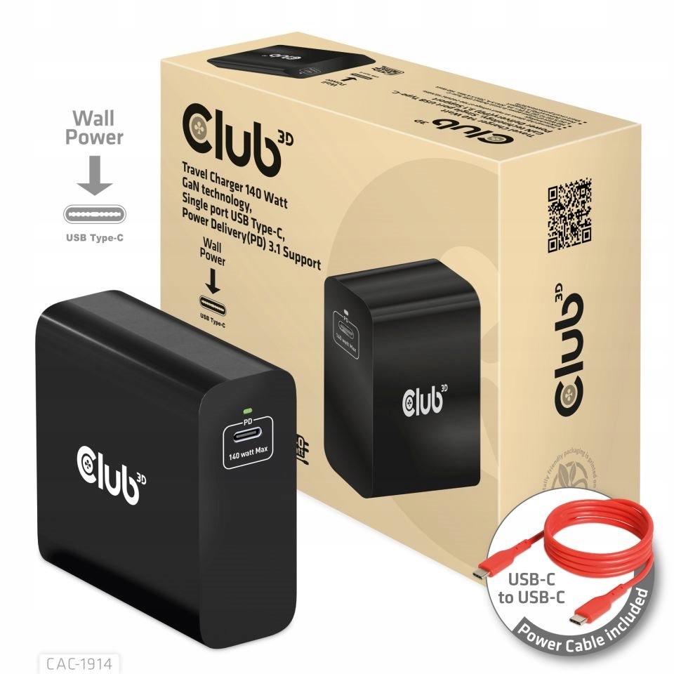Club3D cestovní nabíječka Usb-c 140W