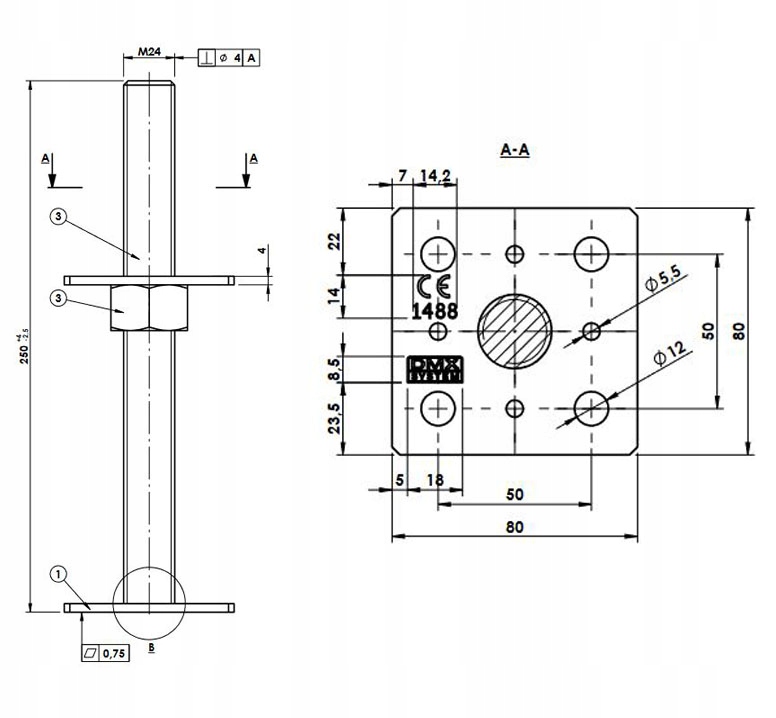 PODSTAWA SŁUPA REGULOWANA M24 80x250x4 PSR 80 DO BETONU OCYNK DOMAX Kod producenta PSR 80