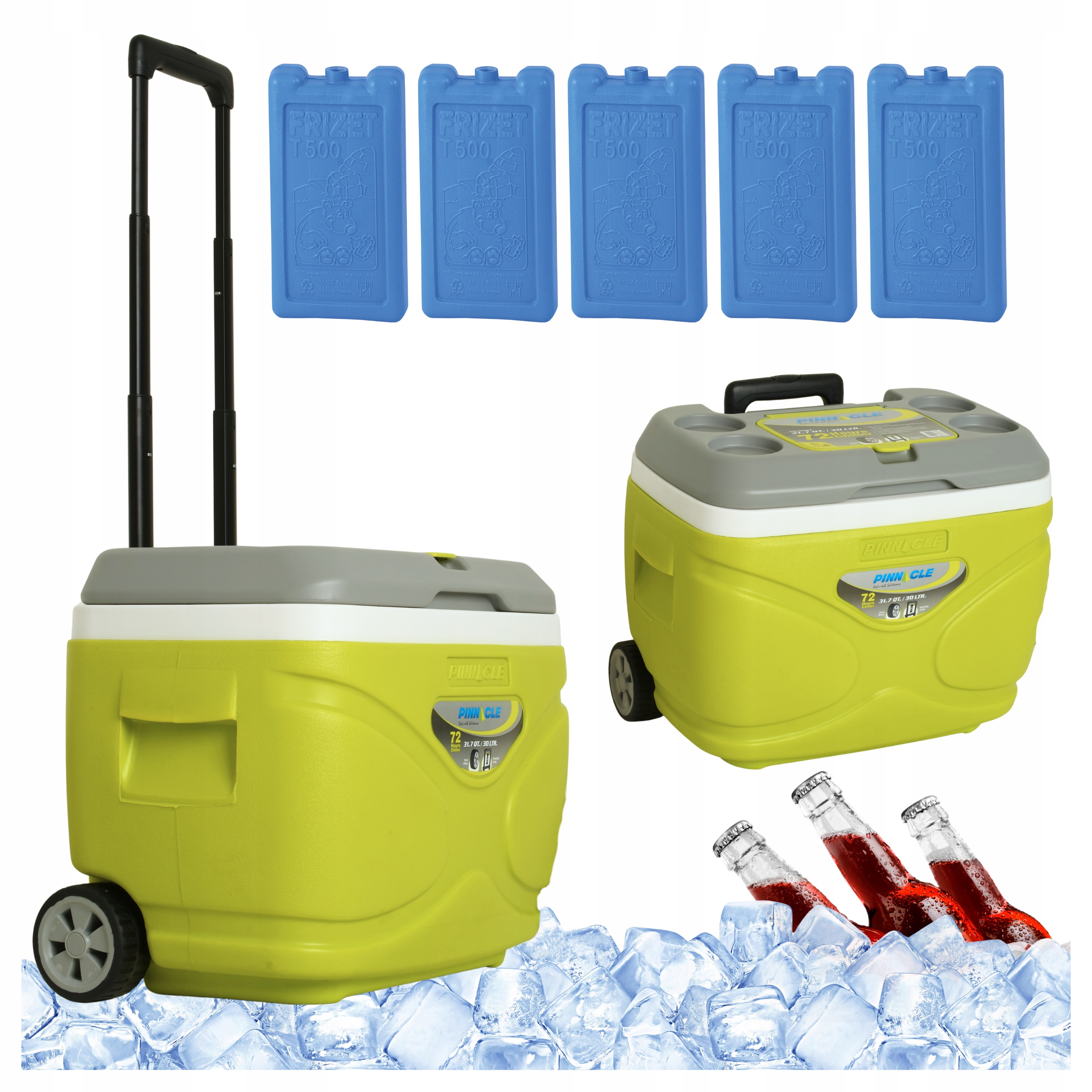 Turistická lednička na kolečkách limetková Pinnacle 30 l 5 náplní 500 ml