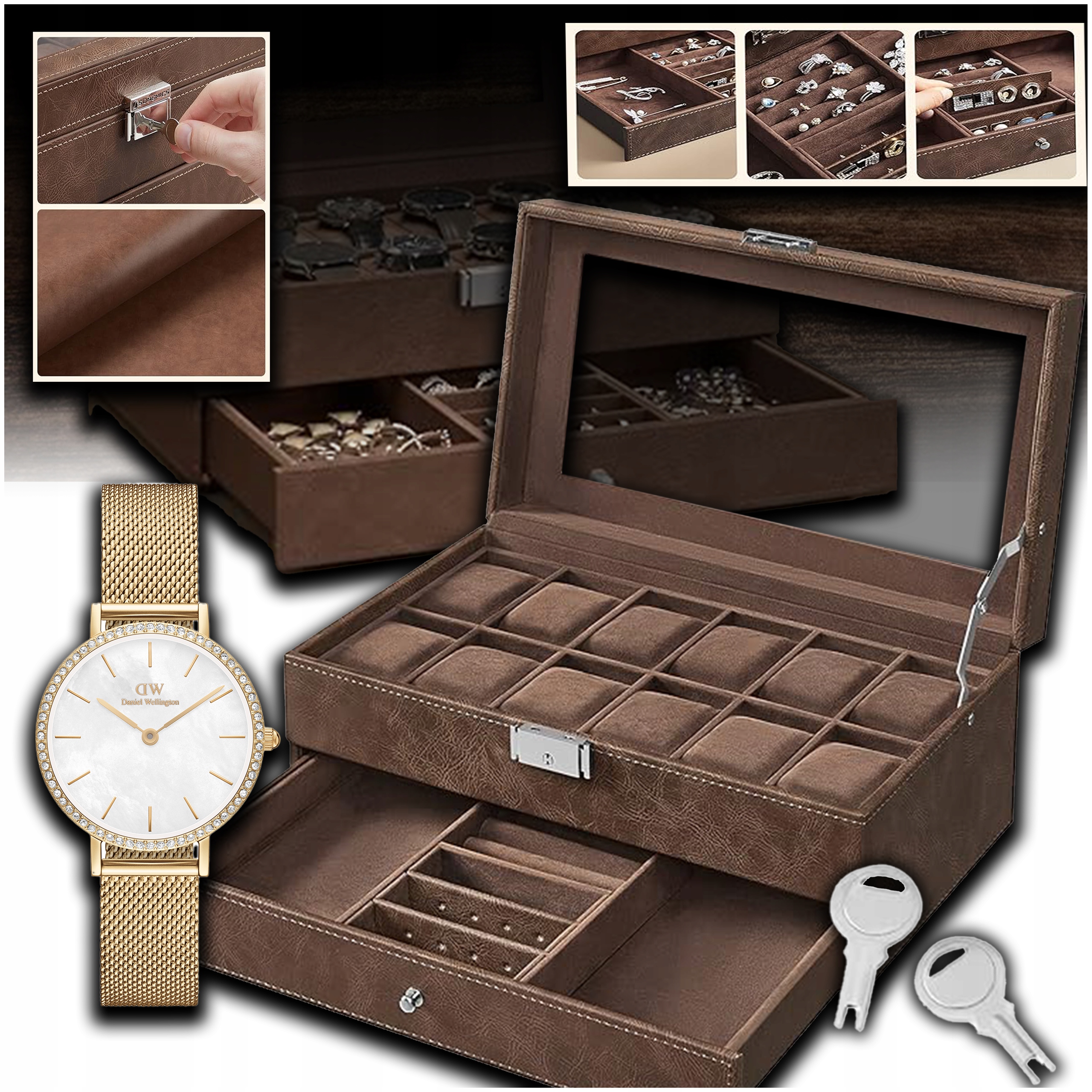 ETUI NA ZEGARKI BIŻUTERIĘ 12 PRZEGRÓDEK SZUFLADA ORGANIZER SZKLANA POKRYWA