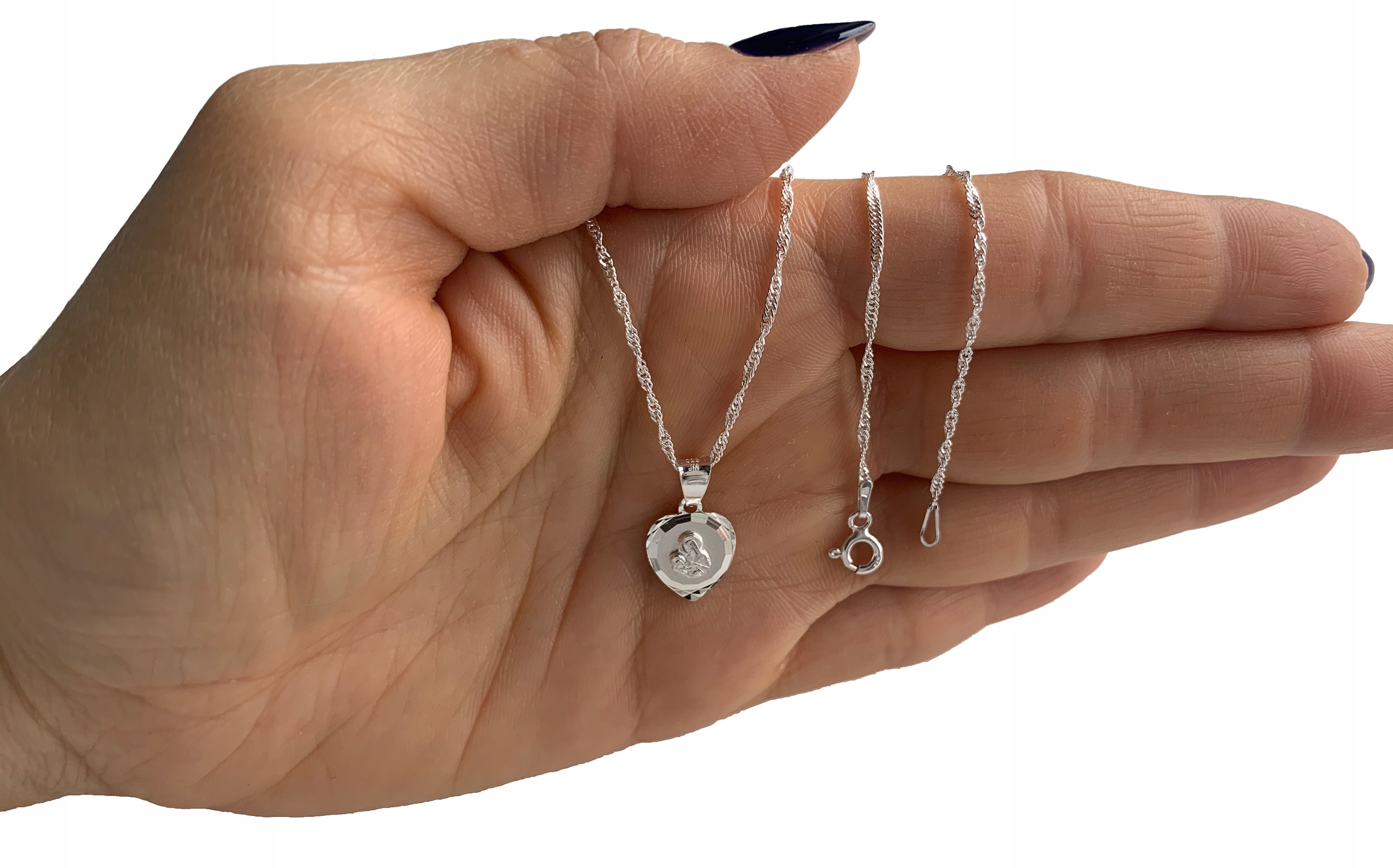 SREBRNY ŁAŃCUSZEK KOMUNIJNY I MEDALIK SERCE KOMUNIA CHRZCINY SREBRO 925 Kolekcja komunia/chrzest