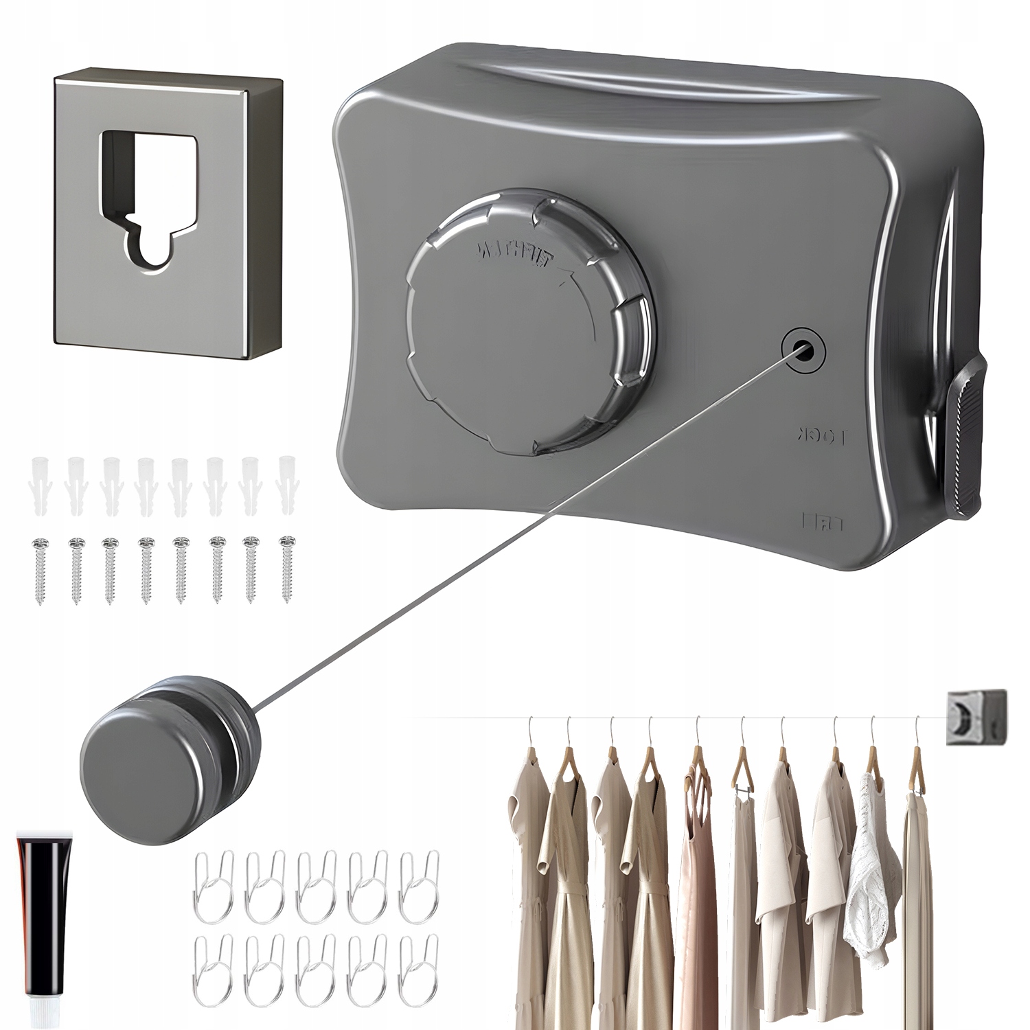 Levně Vysouvací Šňůra Na Prádlo Srolovatelná Nosnost 20 Kg 5,1 M Šedá, Snadná Montáž