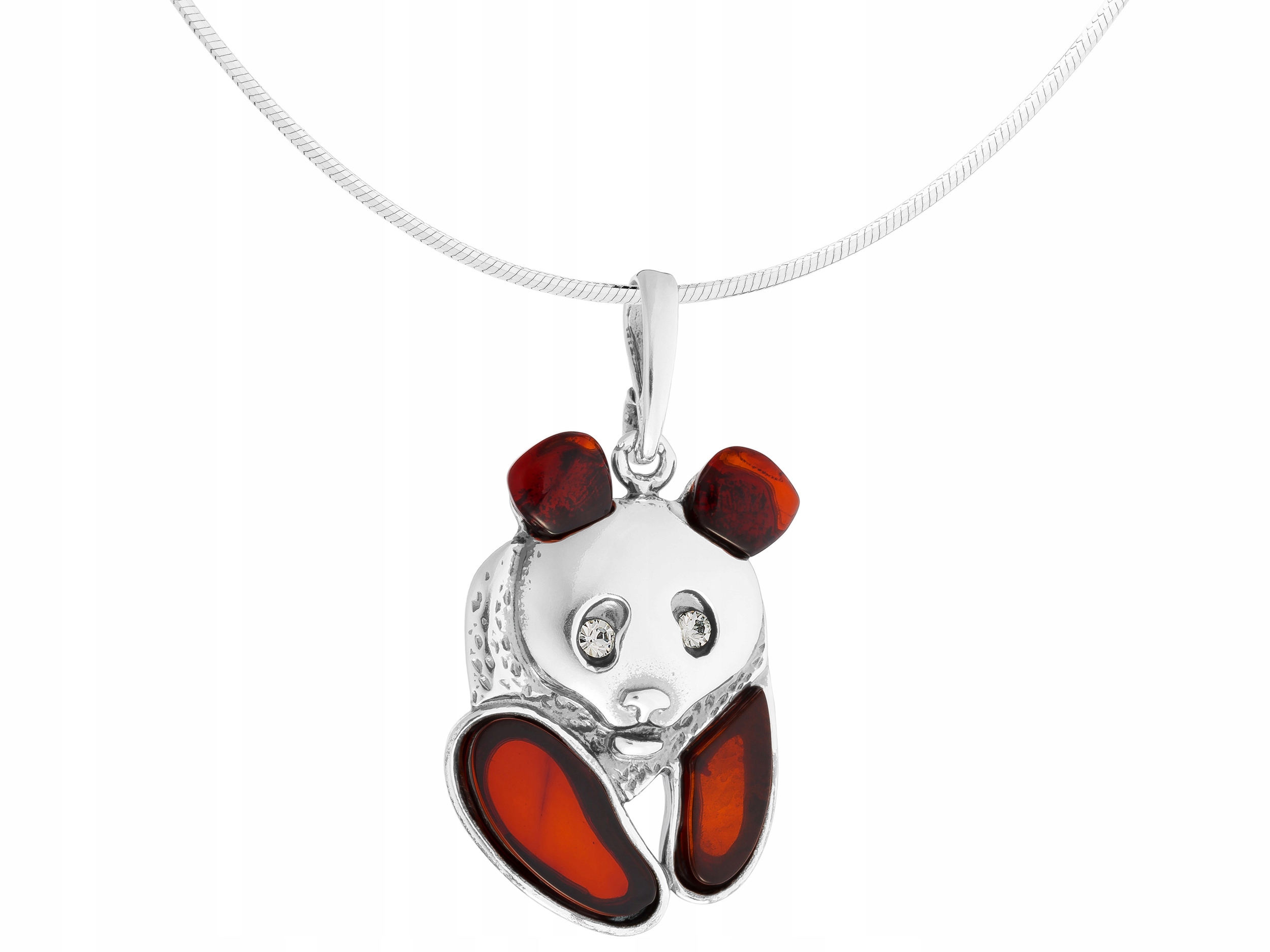 Velký stříbrný náhrdelník s medvídkem Panda Zirkony Jantar Stříbro Dlouhý 60 cm