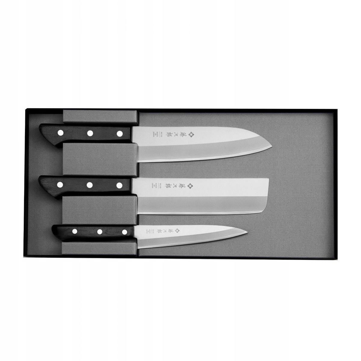 Sada 3 kuchynských nožov Tojiro Basic VG-10 Santoku, Nakiri, univerzálny,