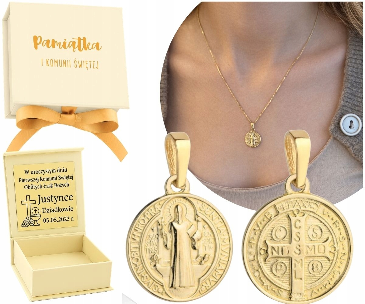 Zlatý medailonek Svatý Benedikt 585 Gravírování Bonus Křest Svaté Přijímání Dárek