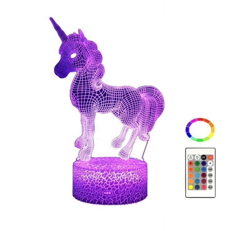 3D JEDNOROŻEC LAMPKA NOCNA USB/BATERIE 16 KOLORÓW LED + PILOT