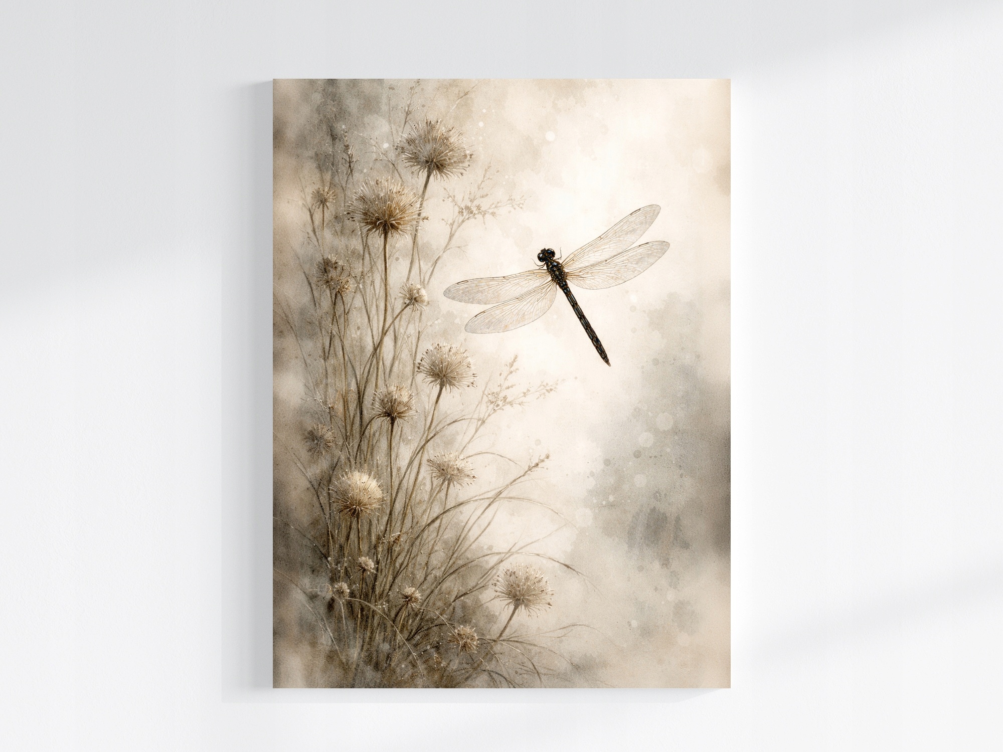 Obraz Na Plátně Canvas Příroda Louka Trávy Bodlák Hmyz Vážka Béžová Boho 60x80