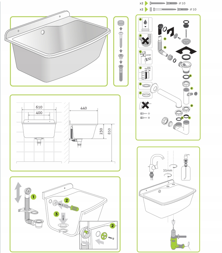 ZLEW GOSPODARCZY ZLEWOZMYWAK KOMORA GOSPODARCZA ZESTAW Z BATERIA 61x44 Zawartość zestawu zlew + bateria