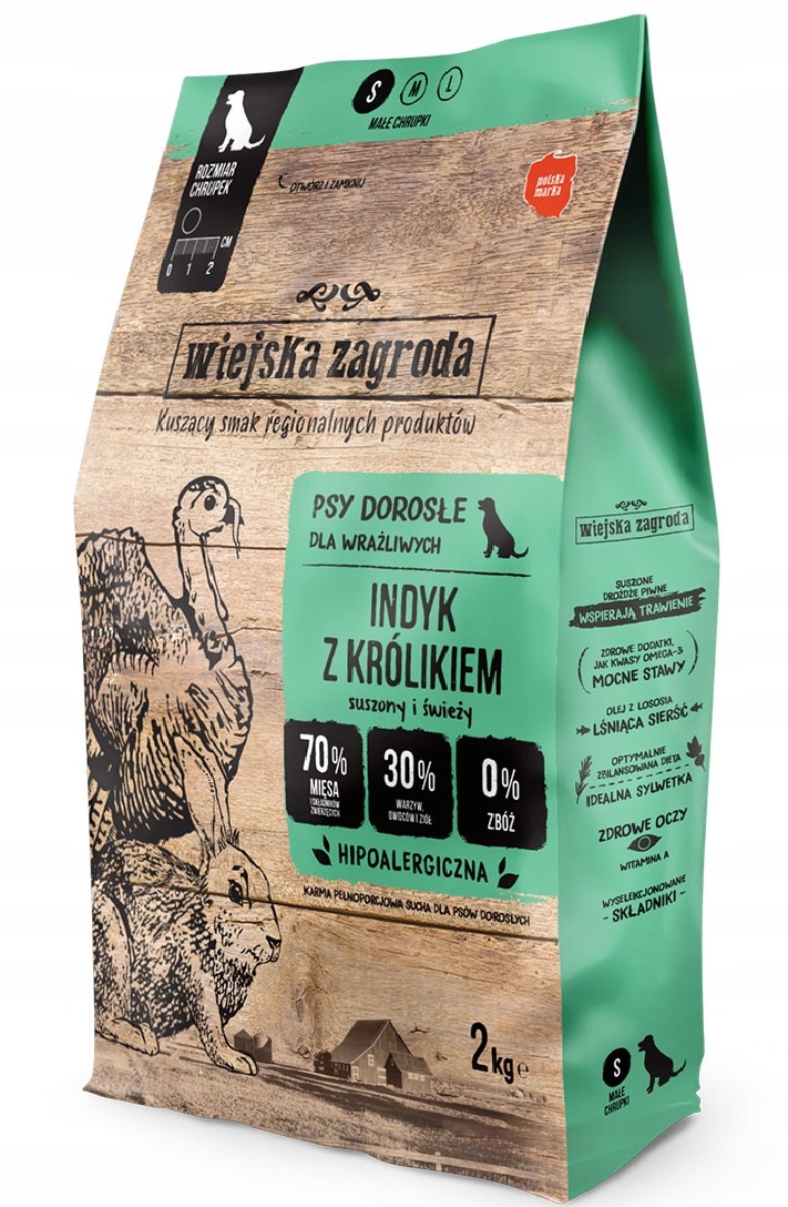 Levně Wiejska Zagroda Suché hypoalergenní krmivo Krůta s Králíkem 2 kg křupek S