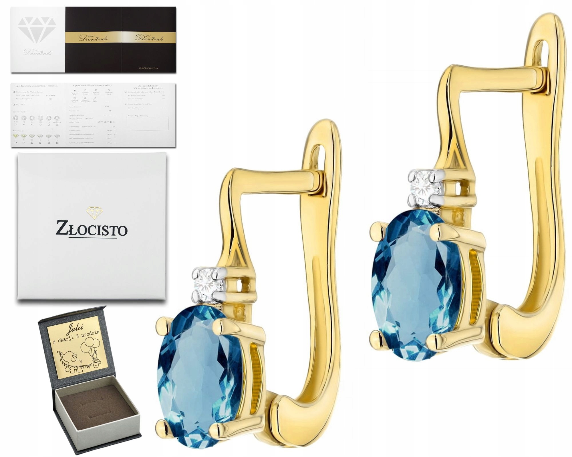 Moderní Zlaté Náušnice Na Anglickém Zapínání S Diamantem A Topazem, Modrá Barva