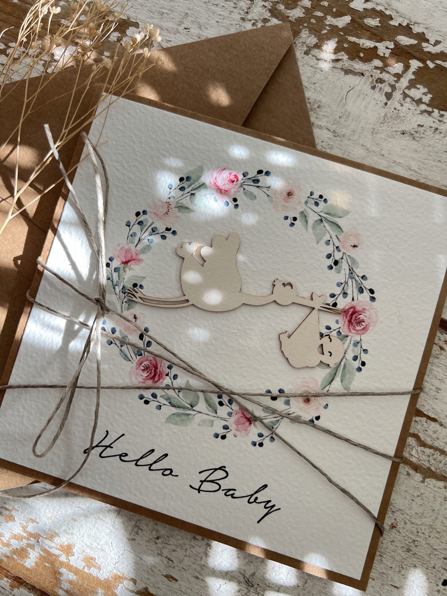 Ručně vyrobená kartička k narození dítěte gratulace Hello Baby