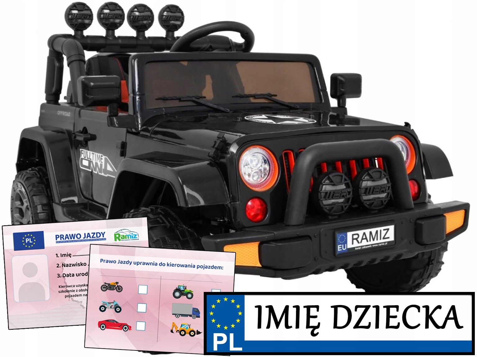 Autko Dla Dzieci terenówka Full Time 4WD 4x4 Pilot tablica imienna Bagażnik