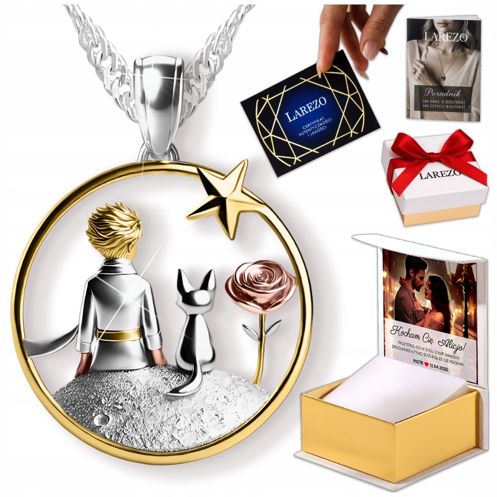 Náhrdelník Malý chlapec a liška Růže Vesmír Planeta Hvězda Stříbro 925 Tisk