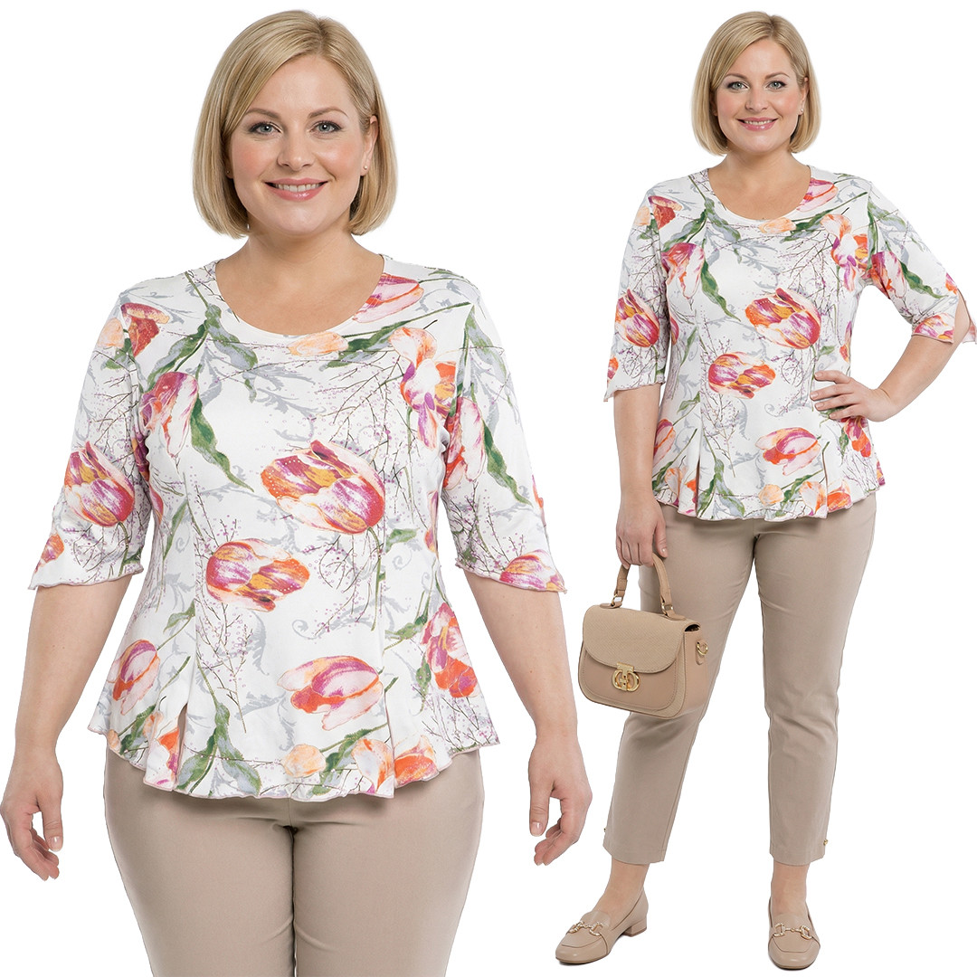 Bílá halenka s tulipány plus size velikost 56/58