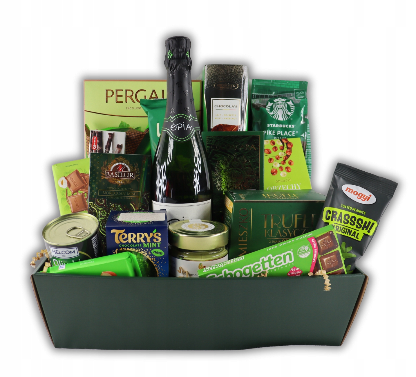 Dárkový koš Zelená zahrada s vínem bezalko Opia Chardonnay Sparkling Bio