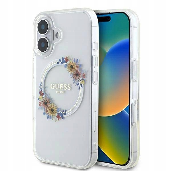 Pouzdro Guess Iml Flowers Wreath do Magsafe pro iPhone 16 Plus Průhledné