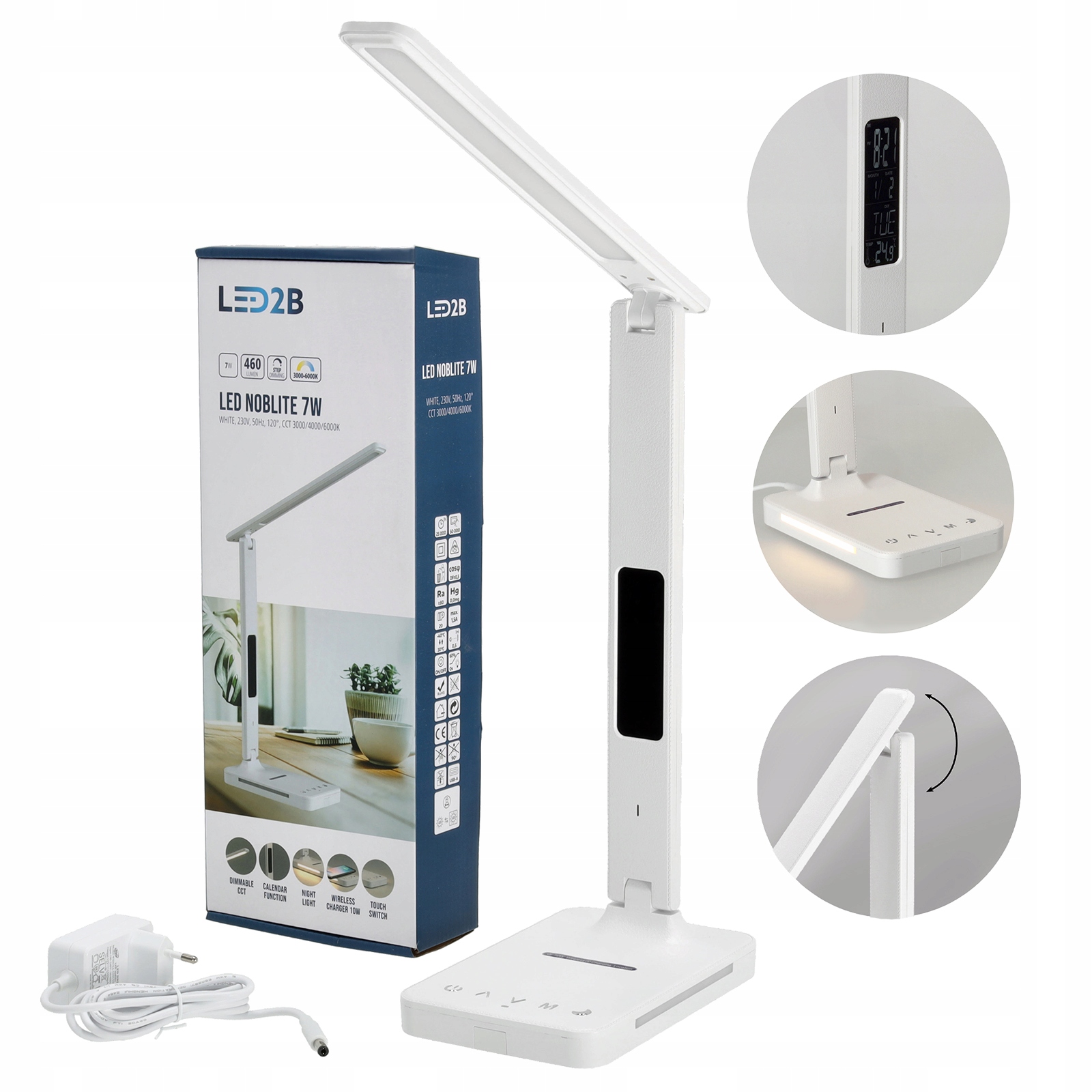 Led stolní lampička s displejem a nabíjecím budíkem Cct DIM Bílá Noční