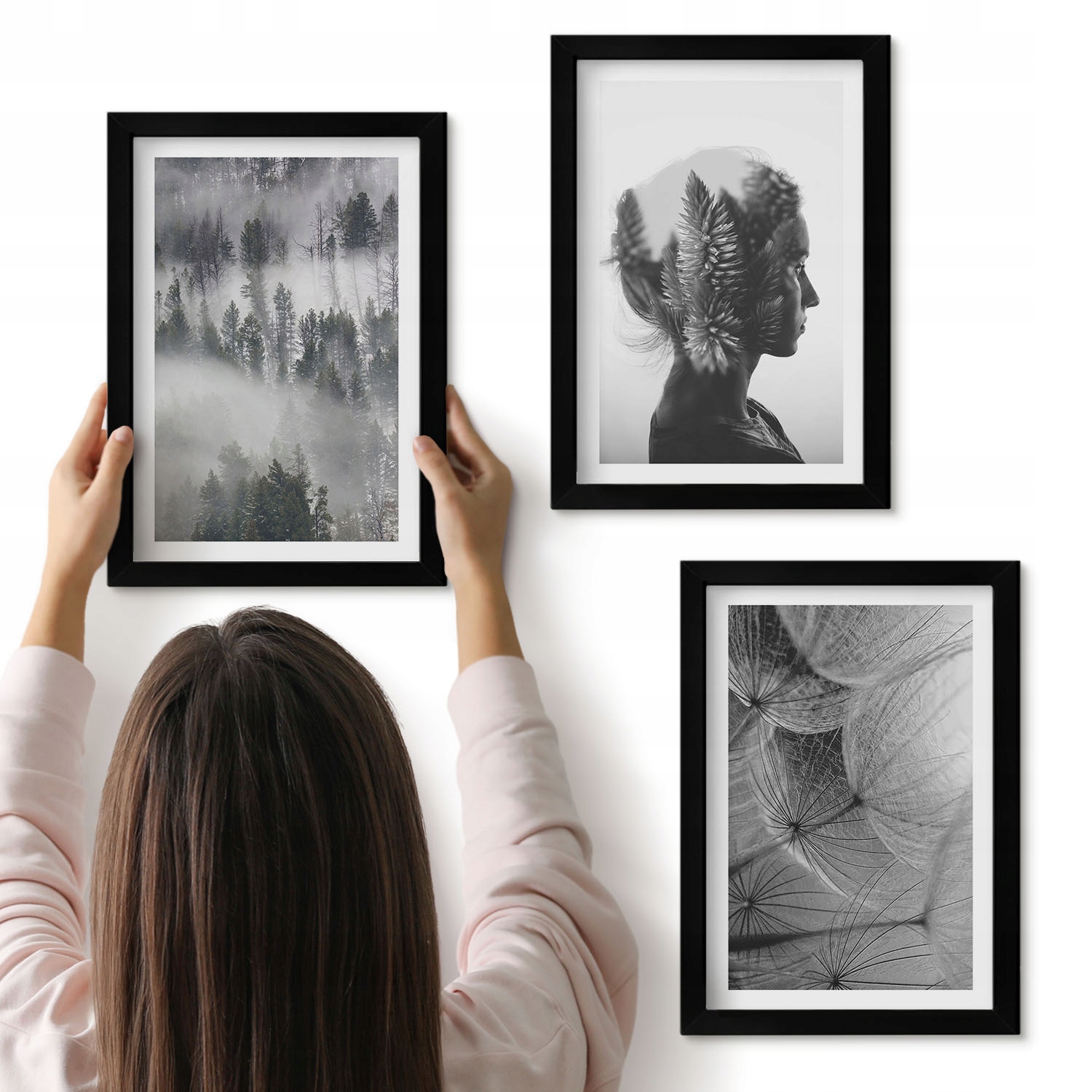 Moderní obrazy do ložnice Triptych Les mlha portrét stromu pampeliška
