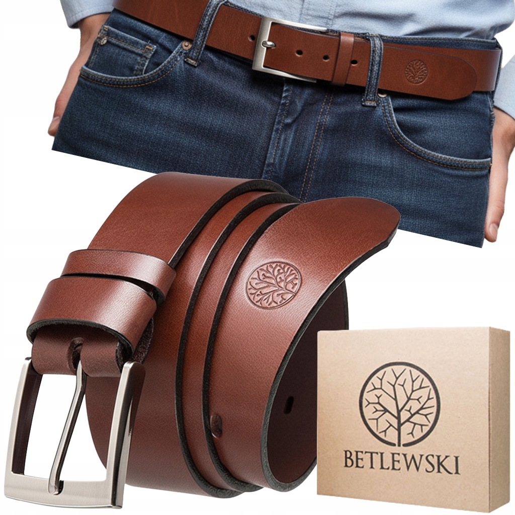 Pasek skórzany męski betlewski do spodni brązowy długość 100 cm