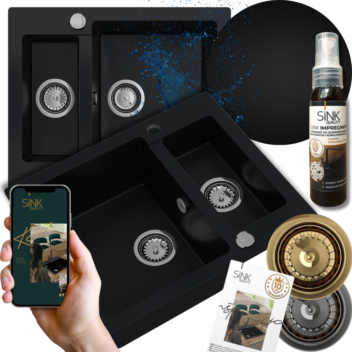 Kuchynský Drez s polovičným morom Granitový čierny 60 cm Sifón Automat