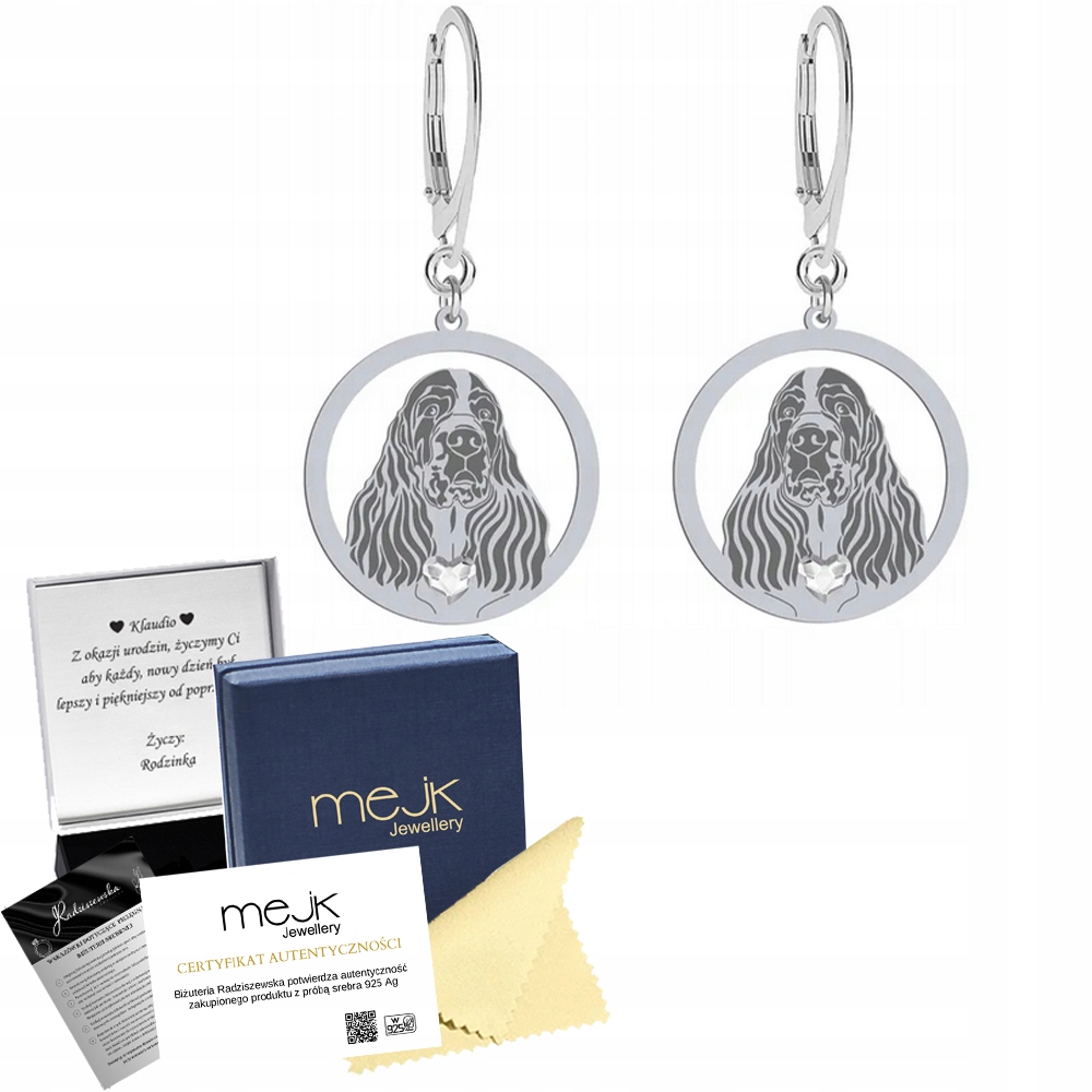 Stříbrné Náušnice se psem Springer Spaniel 925 Šperky Gravírování Bonus