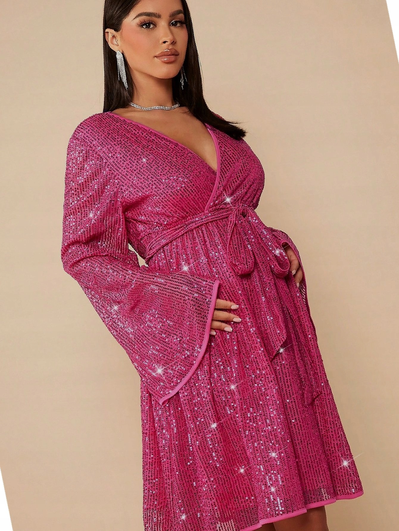 Šaty s páskem Flitrová růžová Za koleno XXL 44