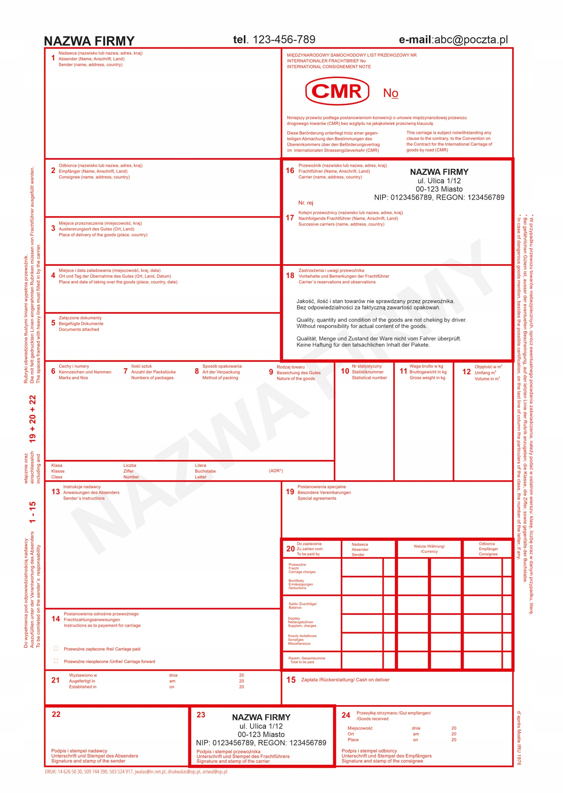 CMR List przewozowy 100 kart = DANE i LOGO GRATIS Rodzaj inny