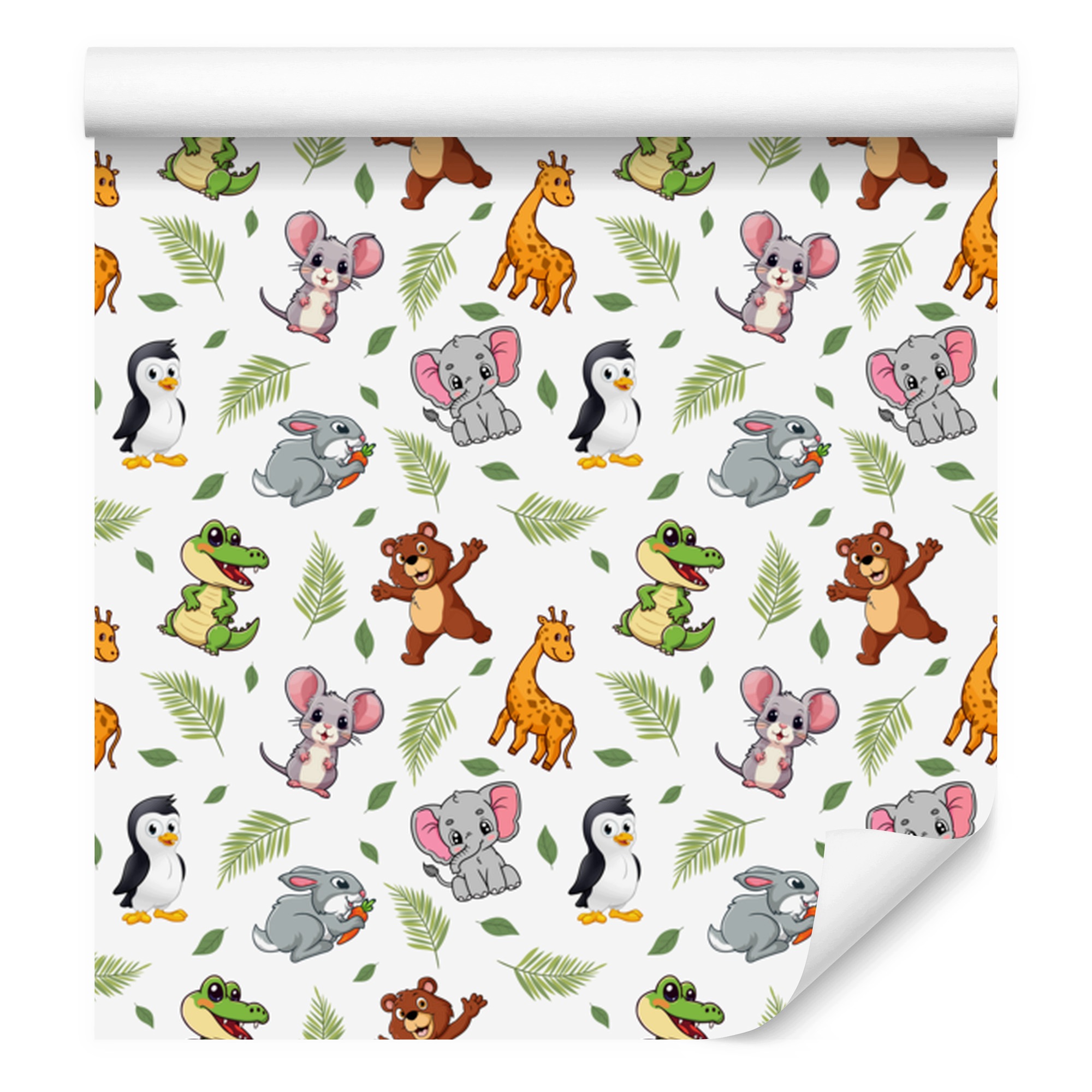 Tapeta Zvířata bílá, světle šedá a limetka 50 x 1000 cm