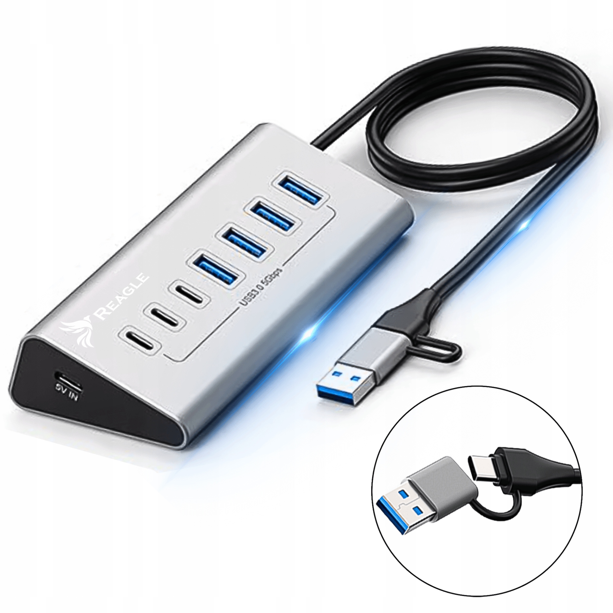Hub Usb Aktywny 7 Portów Usb 3.2 Rozdzielacz Rozgałęźnik 7w1 Usb-c Do 36W R
