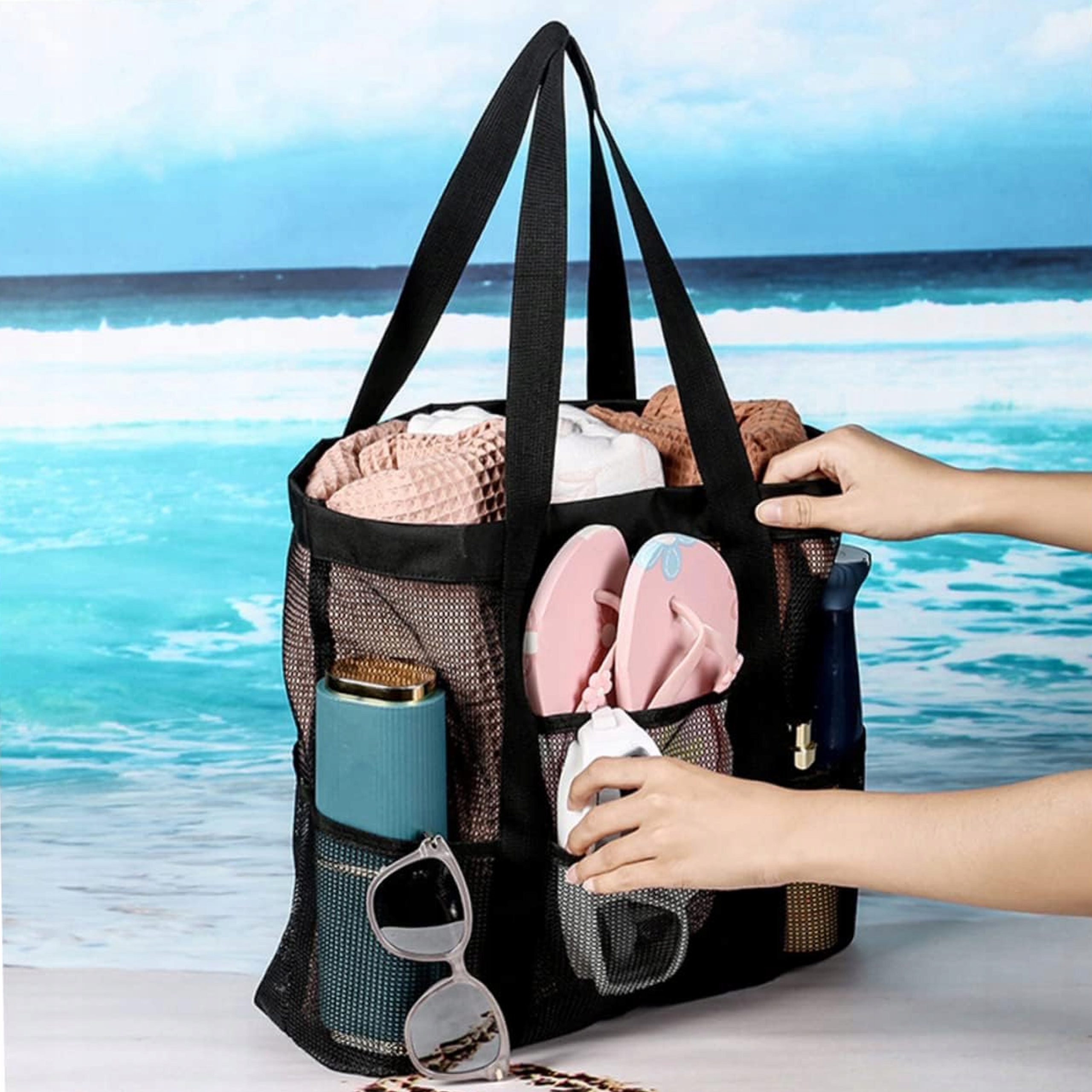 DUŻA TORBA PLAŻOWA NA PLAŻĘ BASEN RAMIĘ PRZEWIEWNA SKŁADANA SIATKA PIASEK Kolor dominujący czarny