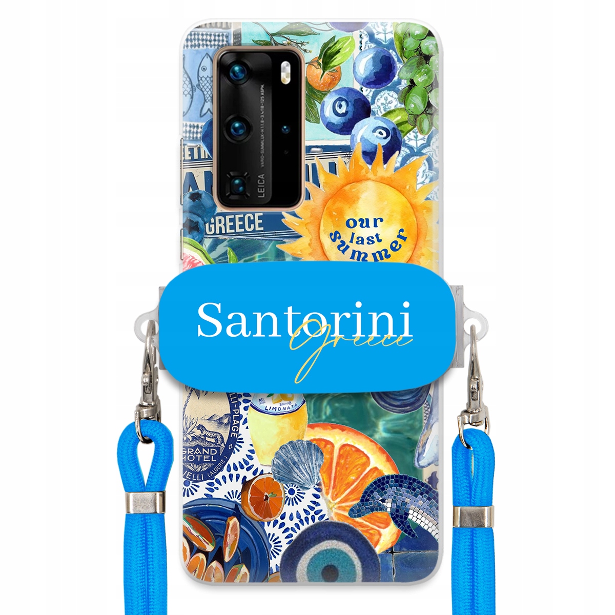 Pouzdro pro Huawei P40 Pro Modré Crossbody vodítko držák Santorini Greece