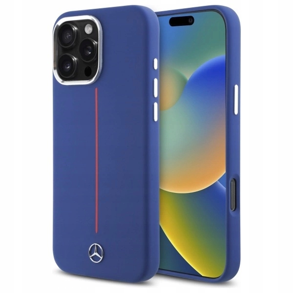 Pouzdro Mercedes Silicone Red Stripe MagSafe pro iPhone 16 Pro Max tmavě modré