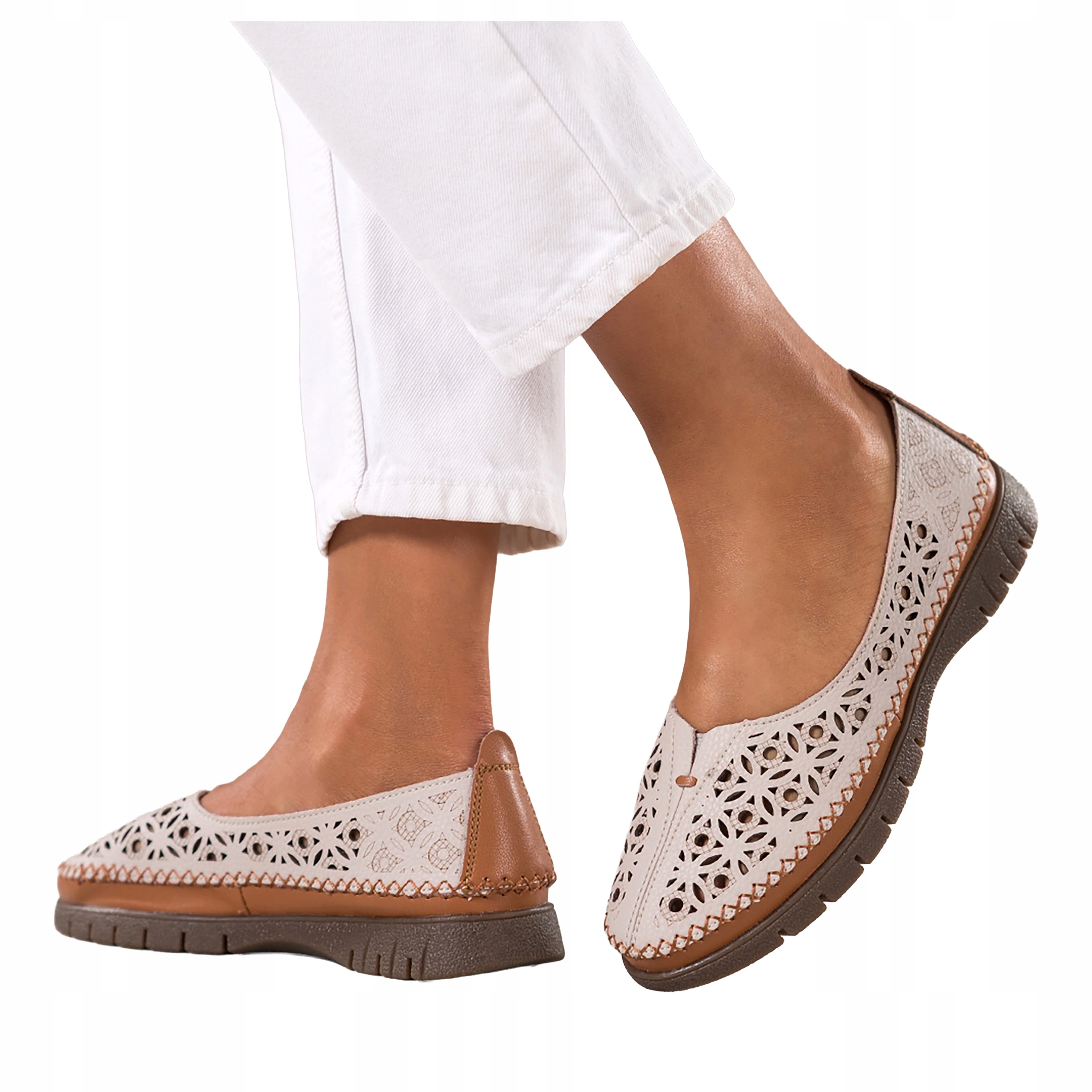 Béžové dámské ažurové Polobotky Pohodlné Elastická kožená podrážka r 36