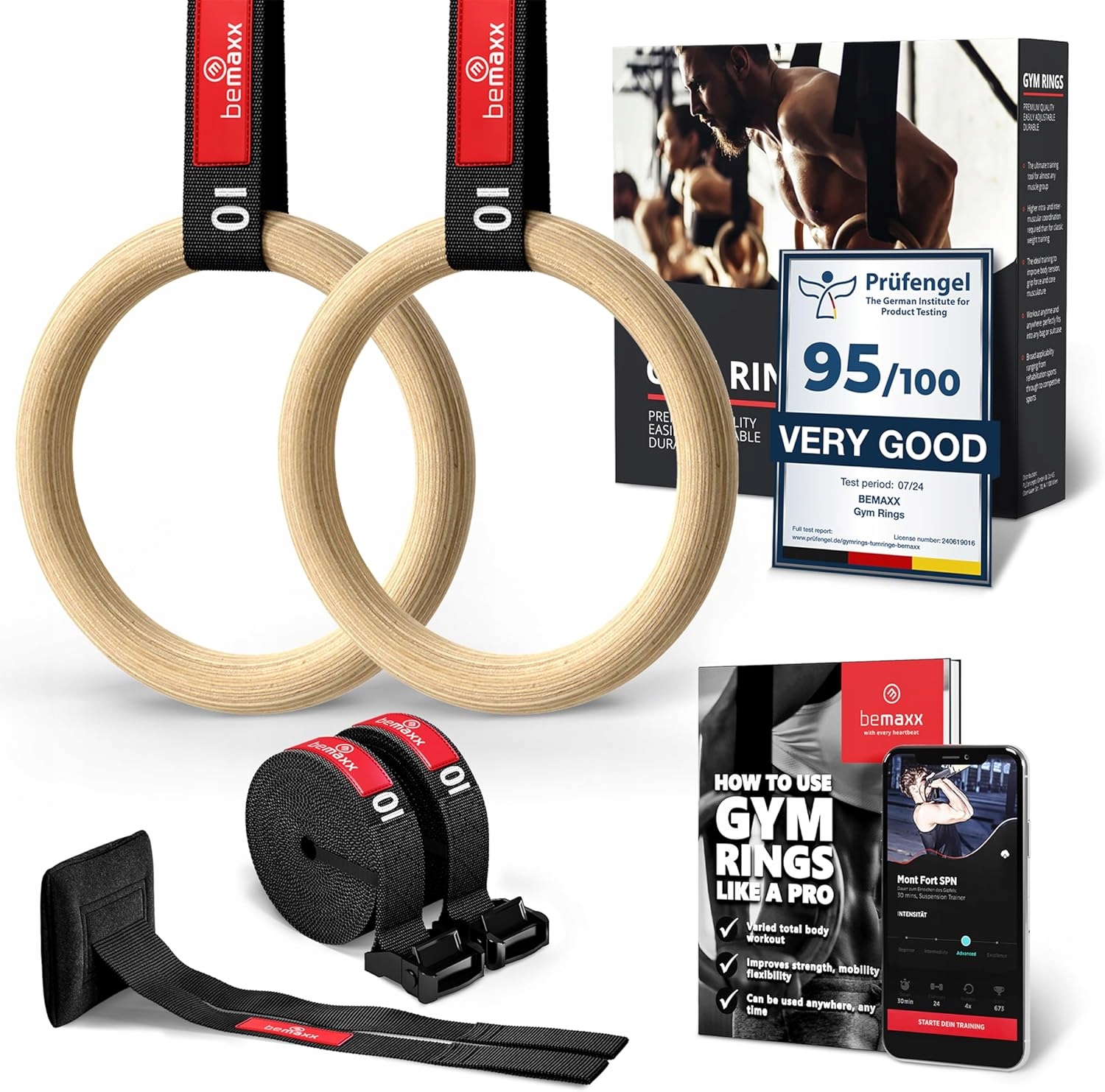 Dřevěné gymnastické kroužky s dveřní kotvou a pásky