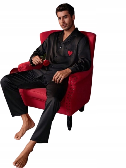 Černé Saténové Pánské Pyžamo Rozepínací Pyžamo Srdce Saténové Pyžamo XL