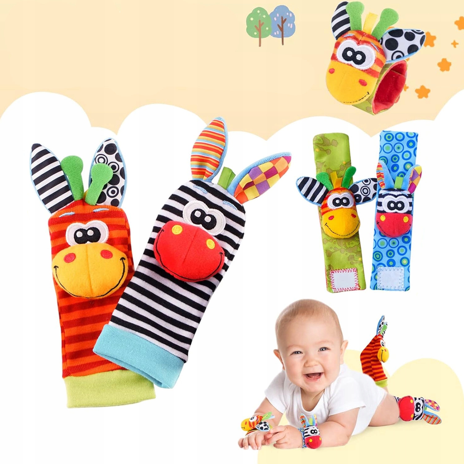 4x SKARPETKI 3D OPASKI NA RĄCZKI GRZECHOTKI SOZZY SENSORYCZNE DLA NIEMOWLĄT Wzór dominujący geometryczny